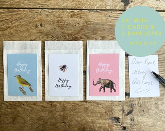 3 piece animal birthday card set with envelopes elephant, bird and bee DIN A7