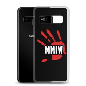 May include: A black phone case with a white outline. The case features a red handprint with the text "MMIW" in white letters.