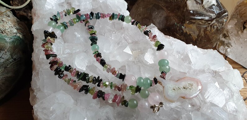 Healing Crystals /& Stones Watermelon Tourmaline Rose Quartz and Green Aventurine Necklace Mixed Tourmaline