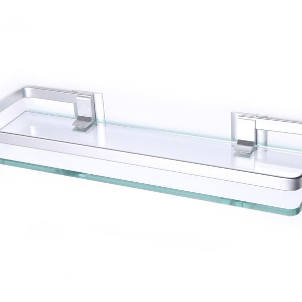 Rectangular 8mm Tempered Glass Shelf 380mm x 120mm (15”x5” Approx) with Aluminium Rail and Wall Brackets Bathroom Bedroom Kitchen Office
