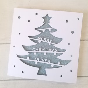 Biglietto di Natale personalizzato azzurro con albero di Natale fatto a mano, biglietto unico