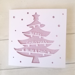 Cartão de Natal personalizado rosa claro, árvore de Natal feita à mão, cartão exclusivo