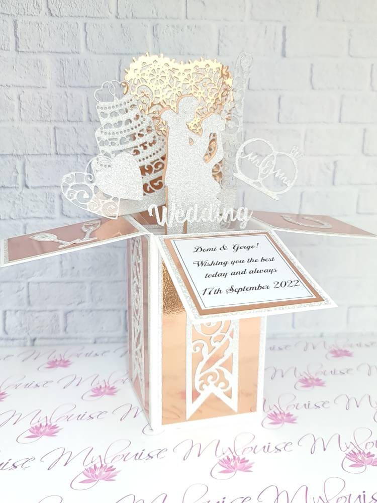 Biglietto di nozze personalizzato in argento Biglietto pop-up con scatola regalo personalizzato per il giorno delle nozze Biglietto a sorpresa unico
