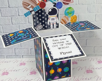 Personalised Space Planets Kids Birthday Card Pop Up in a Box Unique Greeting Card 5th