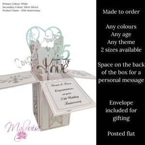 Tarjeta de aniversario de bodas personalizada en plata, caja desplegable única hecha a mano
