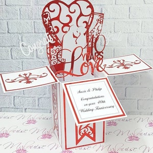 Carte personnalisée rubis pour 40e anniversaire de mariage, carte unique faite main avec boîte pop-up
