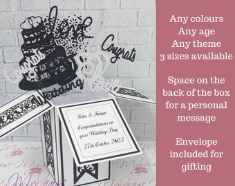 Biglietto di nozze personalizzato in bianco e nero Biglietto con scatola pop-up Regalo personalizzato per il giorno delle nozze Biglietto a sorpresa unico