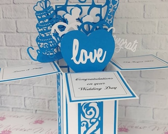 Biglietto di auguri di nozze blu personalizzato Biglietto con scatola pop-up Regalo personalizzato per il giorno delle nozze Biglietto a sorpresa unico