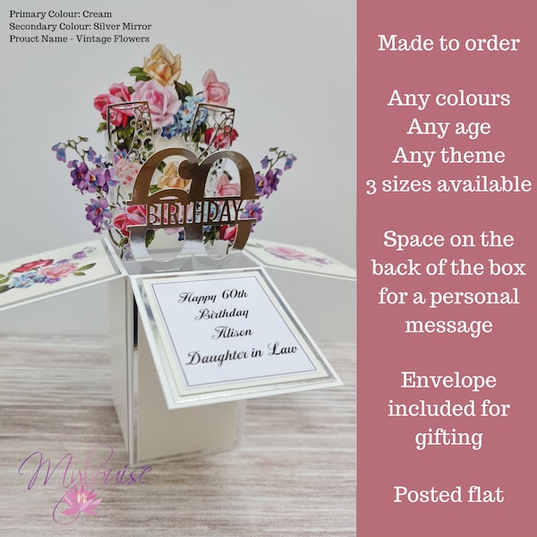 Personalised Pop Up Floral Happy 60th Birthday Card in a Box, Unique Greeting Card, Gardeners Card