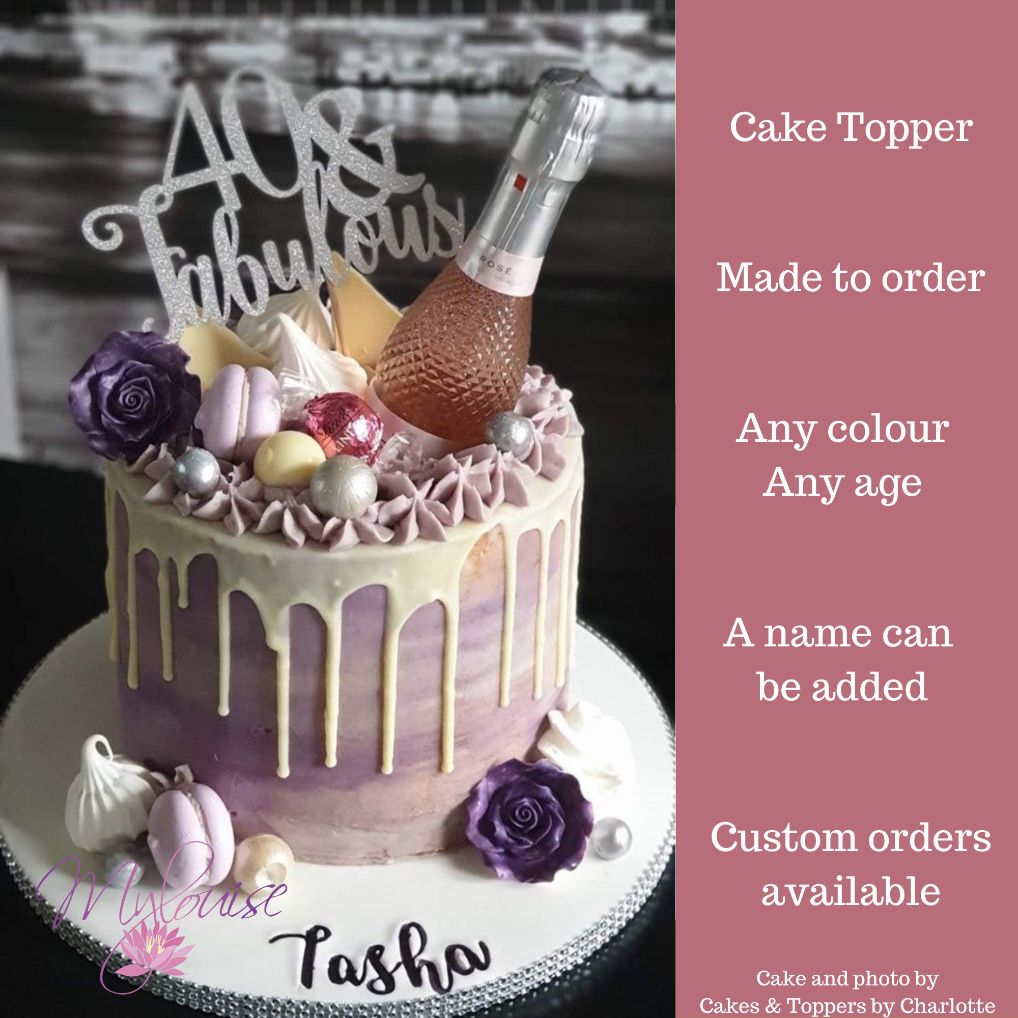 Custom 40th Birthday Glitter Cake Topper, 40 and Fabulous Birthday Cake Topper
