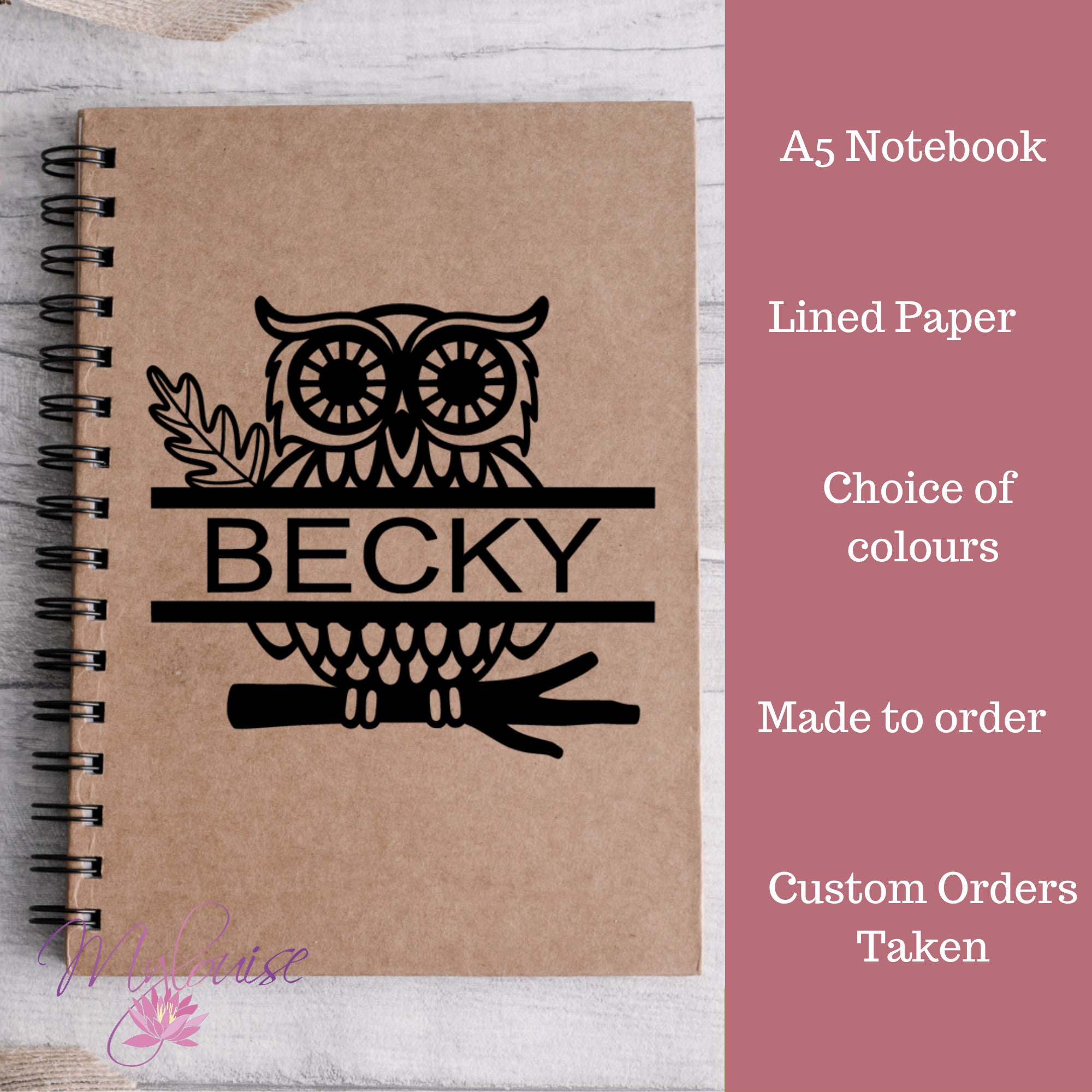 Personalised Owl A5 Notebook Bullet Journal Diary Recipe Book Stocking Filler