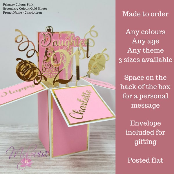 Tarjeta de feliz cumpleaños número 21 emergente rosa personalizada en una caja, decoración de mesa de tarjeta de felicitación única