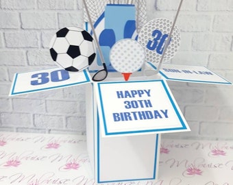 Biglietto di auguri pop-up personalizzato per il 30° compleanno di un tifoso sportivo in una scatola