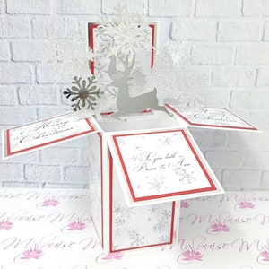 Tarjeta de Navidad emergente de copo de nieve de plata personalizada, tarjeta de caja única hecha a mano