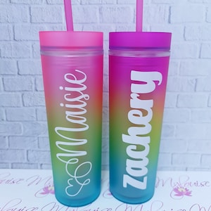 16oz Personalised Rainbow Tumbler Cup with Straw, Frosted Cold Cup with Lid