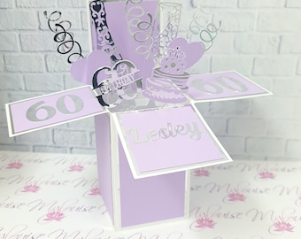 Personalised 60th Birthday Card, Lavender Pop Up Happy 60th Birthday Card in a Box, Unique Greeting Card