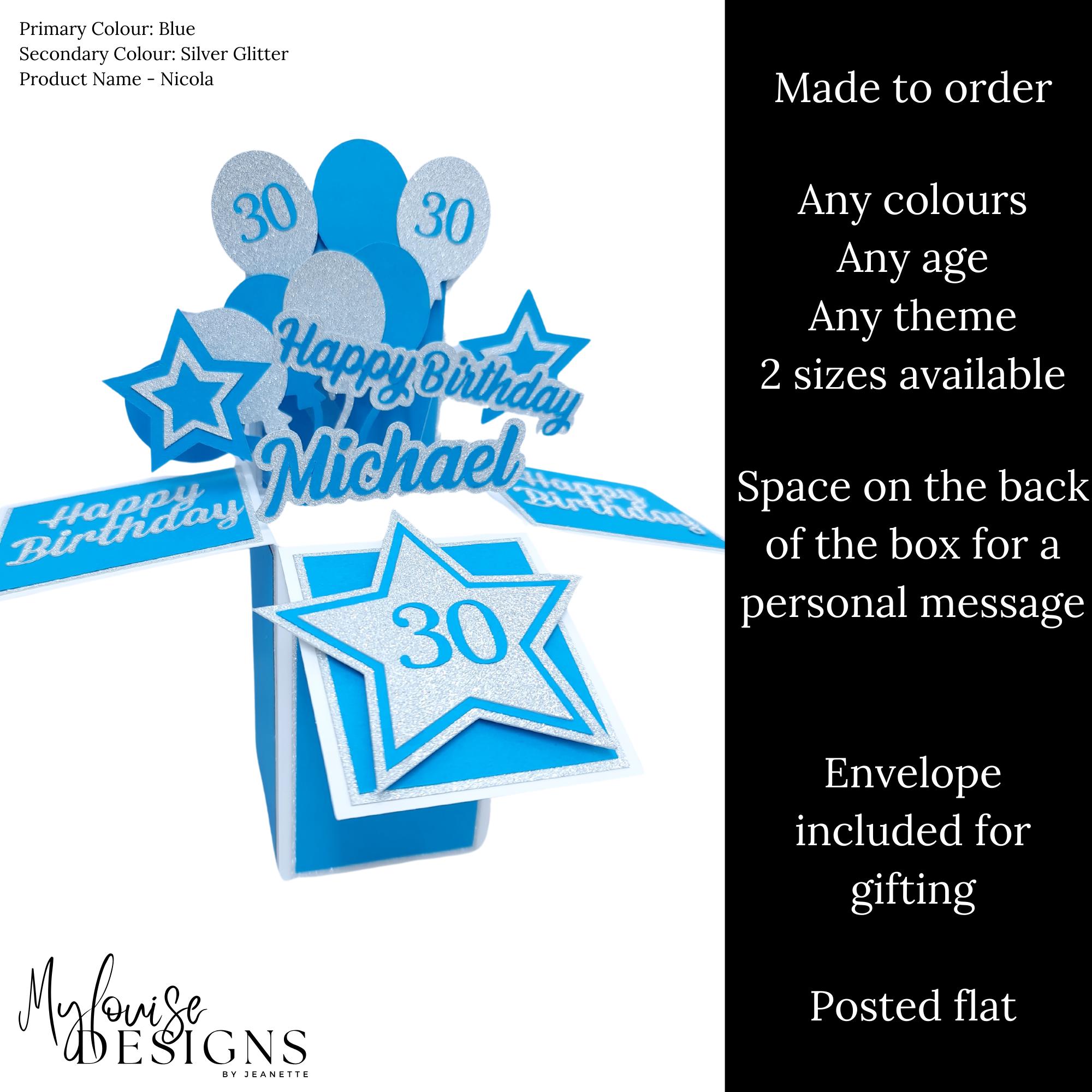 Personalised Blue Pop up Happy 30th Birthday Card in a Box, Unique ...