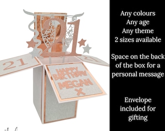Personalised Rose Gold Pop Up Happy 21st Birthday Card in a Box, Unique Greeting Card