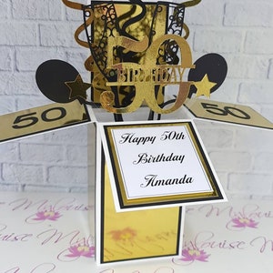 Personalised 50th Birthday Card, Black & Gold Pop Up Happy 50th Birthday Card in a Box, Unique Greeting Card