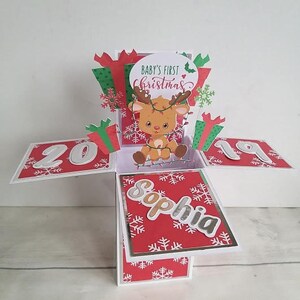 Gepersonaliseerde Baby's 1e Kerst Rendier Pop Up Box Kaart Handgemaakte Unieke Wenskaart