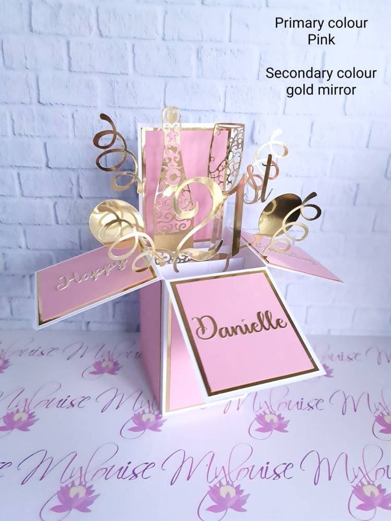 Personalised Pink Pop Up Happy 21st Birthday Card in a Box, Unique Greeting Card Table Decoration 