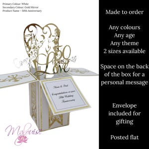 Tarjeta personalizada de aniversario de bodas número 50 en oro, caja desplegable única hecha a mano