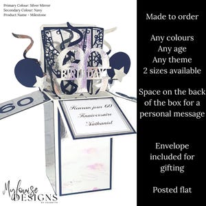 Carte personnalisée 60e anniversaire bleu marine, carte souvenir pop-up dans une boîte