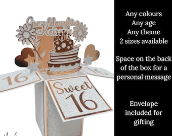 May include: A silver glitter and rose gold mirror pop-up card with a cake and flowers. The card says "Sweet 16" and "Granddaughter Keira".
