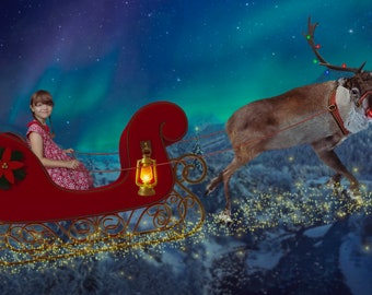 Santa's Sleigh Digital Backdrop | Reindeer Backdrop | Christmas Digital Backdrop | Photoshop Digital Backgrounds | Composite Photography