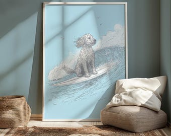 Surfing Dog Art Print, Coastal Beach Home Decor (Digital Download)