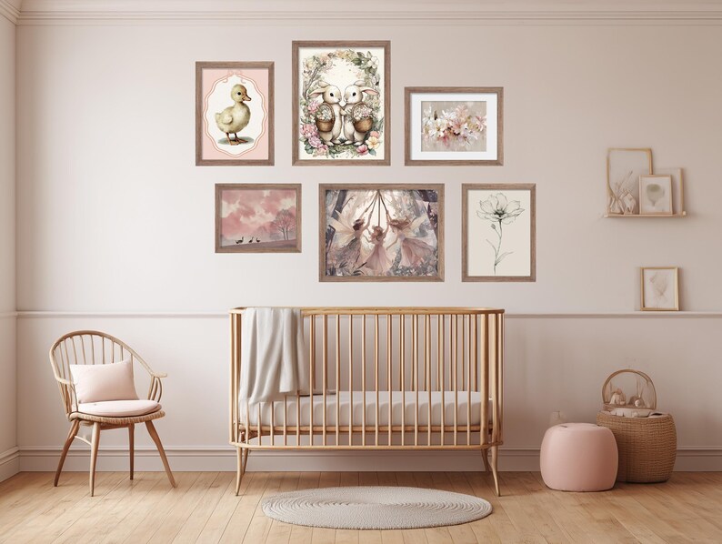 Pink Nursery Gallery Wall Art Set, Vintage Duck & Bunny Prints (digital ...