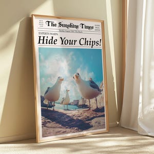 Hide Your Chips Seagull Print, Quirky Beach House Wall Art, Coastal Decor, Digital Download for Home, British Humour, Newspaper Print