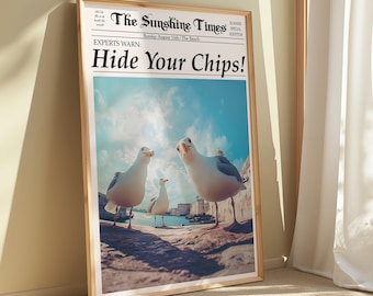Hide Your Chips Seagull Newspaper Print, Funny Beach House Art (Digital Download)