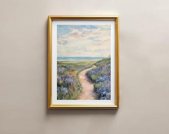 Landschapsschilderij met wilde bloemen aan de kust, vintage strandprint (digitale download)