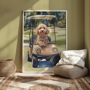 Gouden doodle in golfkar, Goldendoodle golf kunst aan de muur, Labradoodle moeder, golf kinderkamer kunst aan de muur, Labradoodle digitale print