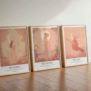 Triple goddess spiritual digital print bohemian home decor, mystical wall art,Witch on Broomstick, Maiden Mother Crone, Witchcraft Gift Pink