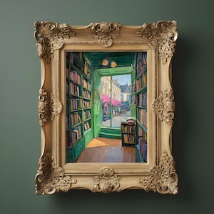Green Bookshop Wall Art, Whimsical Cottagecore Decor, Vintage Reading Nook Print, Cozy Bookstore Aesthetic, Pink Spring flowers, Romantasy