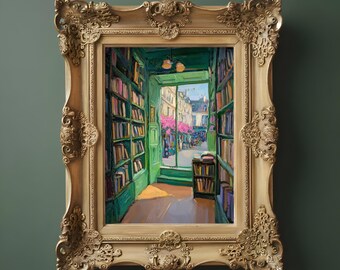 Green Bookstore Art Print, Vintage Reading Nook Decor (Digital Download)