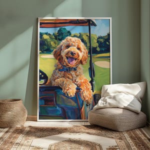 Gouden doodle in golfkar, Goldendoodle golf kunst aan de muur, Labradoodle moeder, golf kinderkamer kunst aan de muur, Labradoodle digitale print