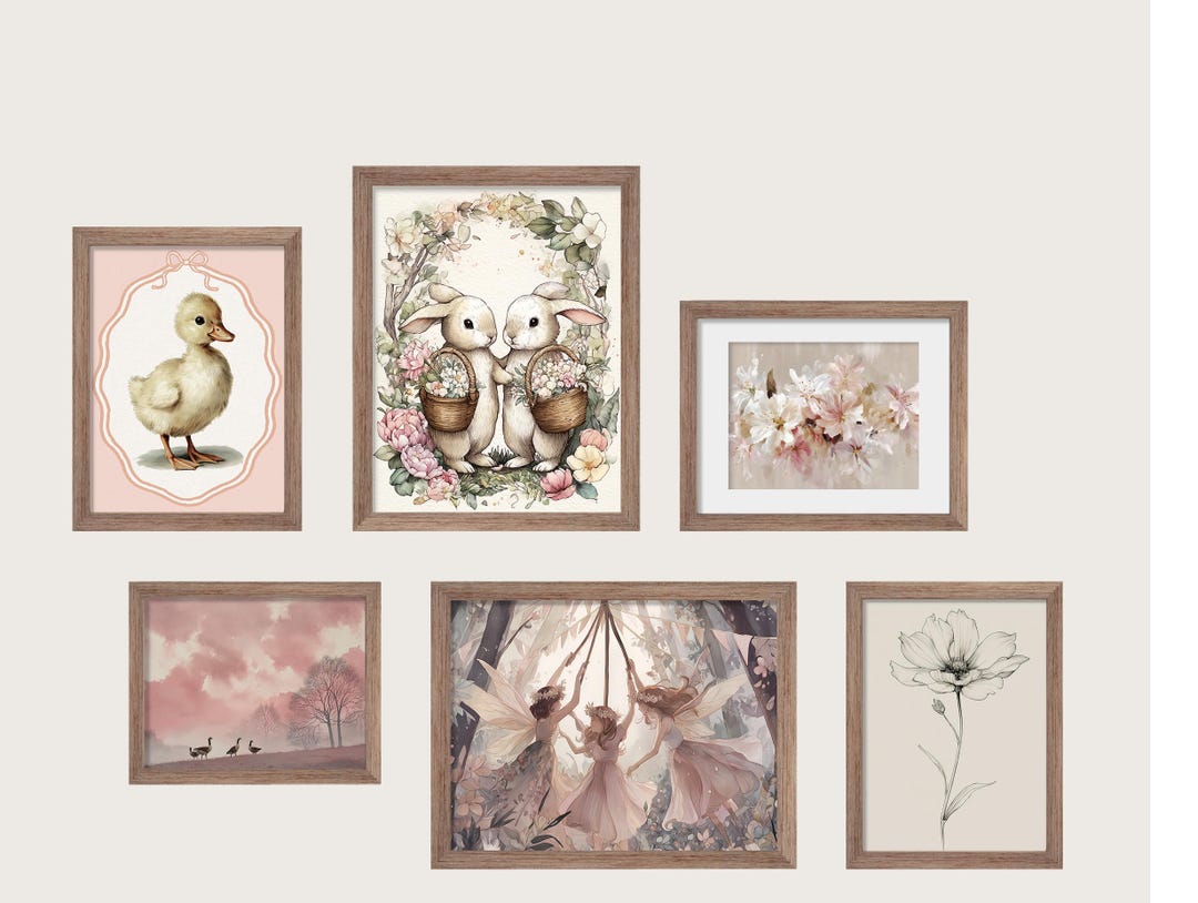Pink Nursery Gallery Wall Art Set, Vintage Duck & Bunny Prints (digital ...