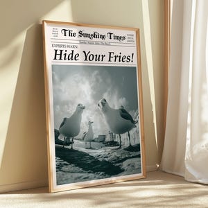 Hide Your Fries Seagull Print, Quirky Beach House Wall Art, Coastal Decor, Digital Download for Home, Newspaper Print