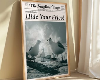 Hide Your Fries Seagull Newspaper Print, Quirky Coastal Art (Digital Download)