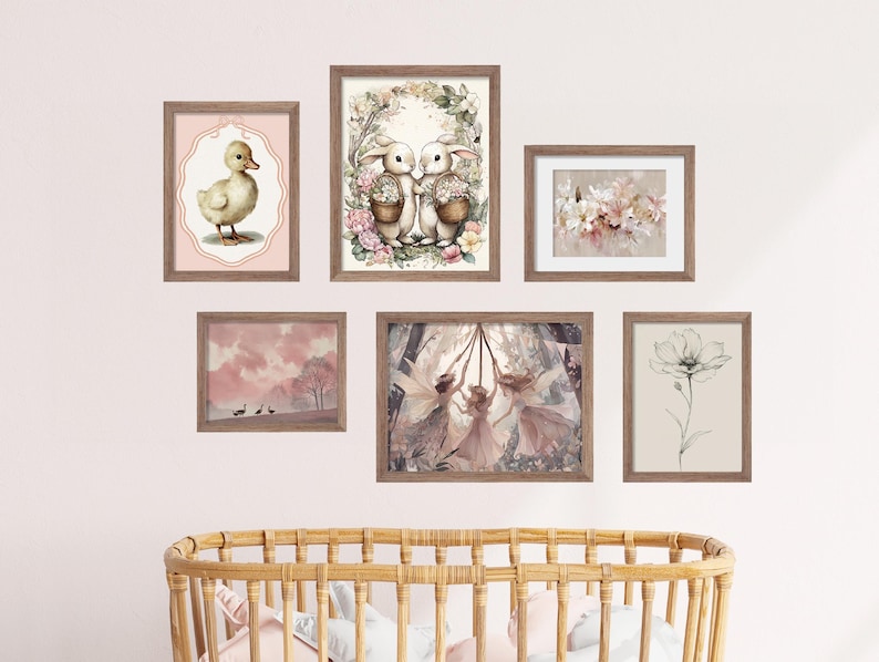 Pink Nursery Gallery Wall Art Set, Vintage Duck & Bunny Prints (digital ...