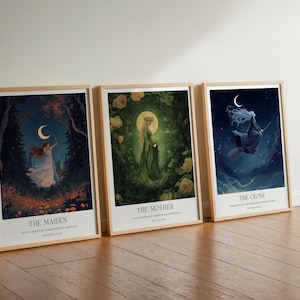 Triple goddess spiritual digital print bohemian home decor, mystical wall art,Witch on Broomstick, Maiden Mother Crone, Witchcraft Gift
