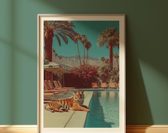 Impression d'art tigre de Palm Springs, décoration rétro au bord de la piscine (téléchargement numérique)