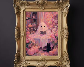 Spook en kat in badkuipkunst, roze halloween-muurdecoratie, grappige badkamerprint, schattige kat decor, Witchy badkamerprint, leesgrage kunst