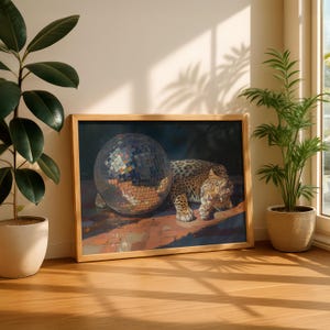 Leopard Disco Ball Art Print, Maximalist Wall Decor, Vibrant Jungle Leopard Design, Funky Home Decor