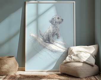 Dog Surfing Print, Coastal Surfboard Wall Art (Digital Download)