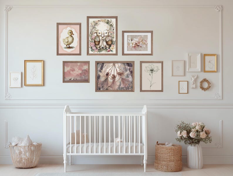 Pink Nursery Gallery Wall Art Set, Vintage Duck & Bunny Prints (digital ...