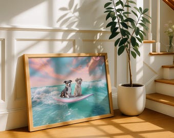 Surfboard Wall Art for Dog Lovers, Coastal Beach Decor, Ocean Wall Art, Pet Gift, Cute Dog Prints, Home Decor
